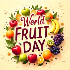 A colorful fruit wreath with the words World Fruit Day written in red. Concept of celebration and appreciation for the variety of fruits available. 