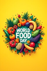 A colorful image of fruits and vegetables with the words World Food Day written around it. Concept of abundance and health, as well as the importance of eating fresh produce.   