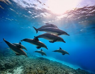 Obraz premium pod of dolphins gliding through sparkling tropical waters