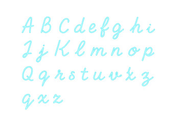 Handwritten english alphabet in glowing neon script, including both uppercase and lowercase letters in a neon font