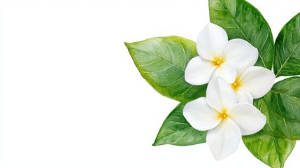 Naklejka premium Beautiful white tropical flowers with vibrant green leaves arranged elegantly on a white background for a fresh and serene design presentation
