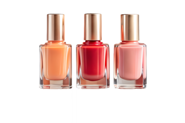 Three bottles of colorful nail polish in orange, red, and pink stand elegantly isolated on transparent background