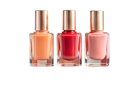 Three bottles of colorful nail polish in orange, red, and pink stand elegantly isolated on transparent background - Powered by Adobe
