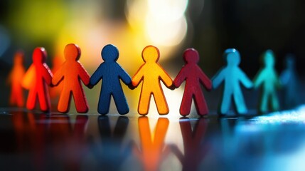 Colorful Paper Cut-Out Figures Holding Hands in a Line Symbolizing Unity, Friendship, and Diversity in a Creative Conceptual Background