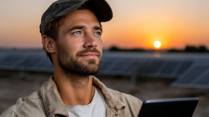 Engineer inspecting solar panels at sunset, showcasing dedication and innovation in renewable energy solutions