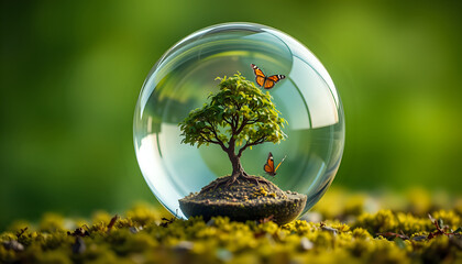 A glass orb containing a miniature tree and butterfly on a green background, representing ecological balance.