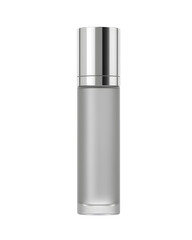 A sleek silver and frosted glass serum bottle is isolated on a transparent background