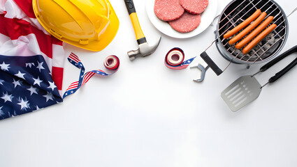 American Flag Labor Day B Q Grill Hot Dogs Burgers Hammer Wrench