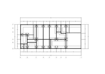 2D illustration of a black and white foundation plan, providing a detailed architectural blueprint highlighting the structural base using distinct colors and dimensions. Related to layout accuracy