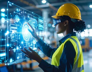 Engineer wearing helmet working in high tech industrial factory environment