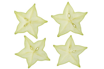Obraz premium Four carambola slices arranged on a transparent background, highlighting the distinct star shape of the exotic fruit