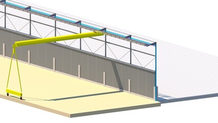 3d rendered image depicts an industrial structure setting featuring a long wall, an integrated pipe system, and a prominent gantry crane. Related to structural elements and functional machinery