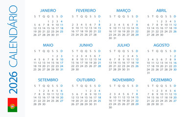 Calendar 2026 Horizontal - illustration. Portuguese version
