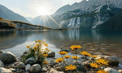 Serene Mountain Lake Sunset - Powered by Adobe