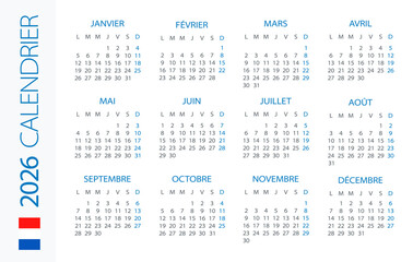 Calendar 2026 Horizontal - illustration. French version