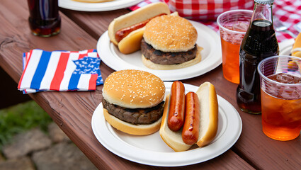 Cheeseburger Hot Dogs Picnic Table Fourth July hamburger