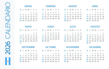 Calendar 2026 Horizontal - illustration. Argentinian version