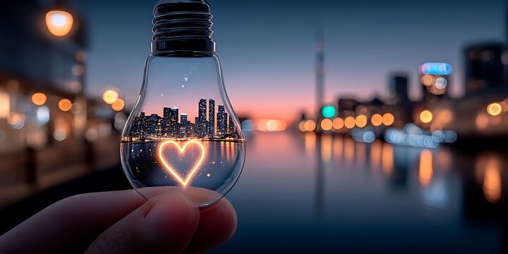 Cityscape in a lightbulb, heart shape - Powered by Adobe