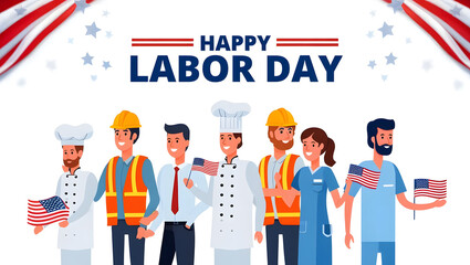 Happy Labor Day Diverse Workers Holding Flags professions