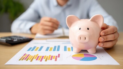 A person holds a piggy bank while analyzing financial charts and graphs on a table, indicating savings and budgeting.