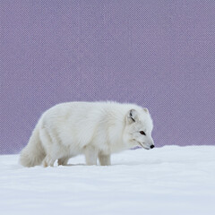 Fototapeta premium Arctic Fox Hunting in Snowy Tundra with Pop Art Backdrop. High Detail, 8K.