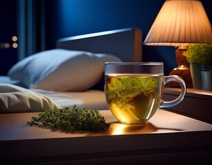 valerian tea for sleep herbal remedy on bedside table at night