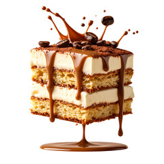 Tiramisu dessert photography close up with drizzle chocolate sauce