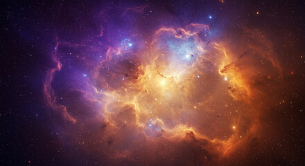 Obraz premium A vibrant, colorful nebula displaying cosmic clouds and bright stars in space.