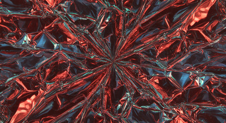 Abstract, symmetrical pattern of crumpled, metallic foil in vibrant red and blue tones.