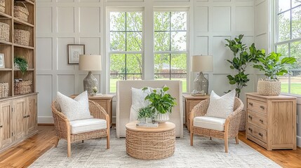 Bright living room features wicker furniture and large windows