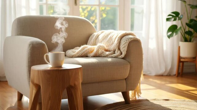Cozy living space, armchair with blanket, warm sunlight, cup of coffee, peaceful morning, minimal decor, natural light interior, home comfort, wooden furniture, tranquil atmosphere