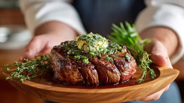 Culinary Art: A chef's masterful presentation of a perfectly seared steak, garnished with fresh herbs and a pat of herb butter, showcased on a wooden platter, appetizing and gourmet.