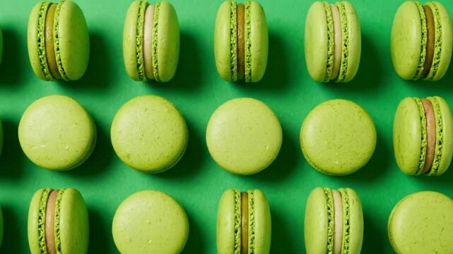 Green macarons are arranged in a grid on a green background Some are whole showing the filling