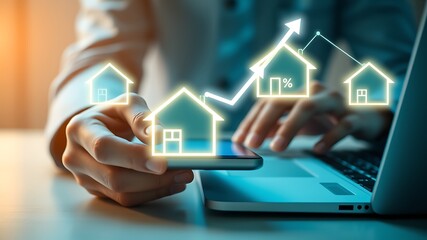 Glowing houses upward trend graph business home