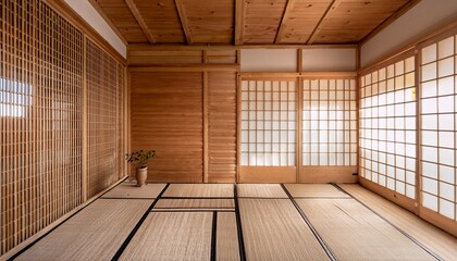 zen inspired empty room with warm wooden slatted walls tatami style light flooring soft natural lighting