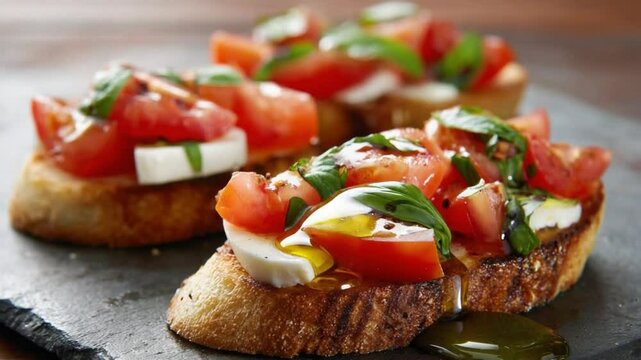 Savory Bruschetta Trio: A close-up shot of three delectable bruschetta slices, each topped with vibrant diced tomatoes, fresh basil, creamy mozzarella, and drizzled with olive oil.