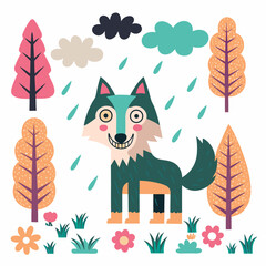 Cartoon wolves in forest with trees and mountains