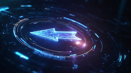 A glowing blue arrow surrounded by circular digital elements on a dark background design art