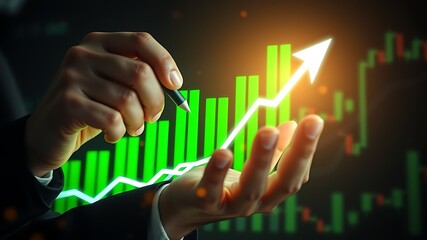 Hands holding glowing green financial growth chart with upward arrow graph