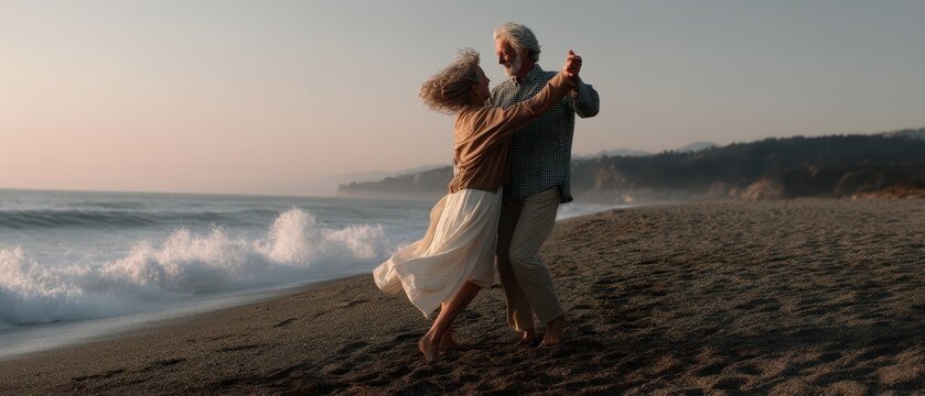 Elderly caucasian couple dancing on beach at sunset with waves in background - Powered by Adobe