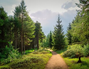 forest path nearby grow coniferous and deciduous trees pine spruce rowan birch and others they have brown trunks and green needles and leaves on long branches trees of different heights