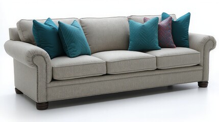 Gray sofa with teal throw pillows in a living room setting