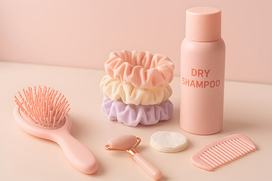 A variety of pink hair accessories including scrunchies, a brush, and dry shampoo for hair care.