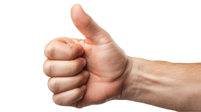 A thumbs up gesture, suitable for showing social approval, encouragement, and support, captured in a relevant and realistic photo on a transparent background