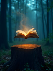 Enchanting book floats above a rustic tree stump in a mysterious forest setting, creating a magical and ethereal atmosphere.