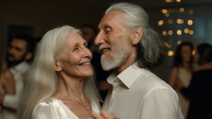 Elderly caucasian couple dancing at evening event