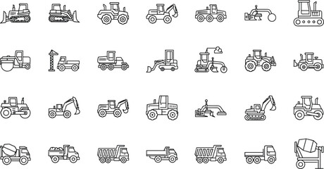 Construction vehicle line icon set. Vector pictograms of bulldozer, loader, grader, paver, roller, lowboy hauler, utility, concrete mixer, thin