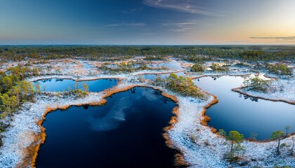 aerial view to the bog lakes with the first ice and night frost in kuresoo bog soomaa national park