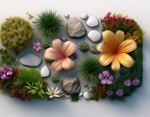 top view of 3d render various types of flowers grass bushes shrub stone and small plants on white background