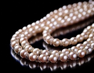 pearl necklace over black background close up beautiful natural pearls beads elegant accessories macro shot
